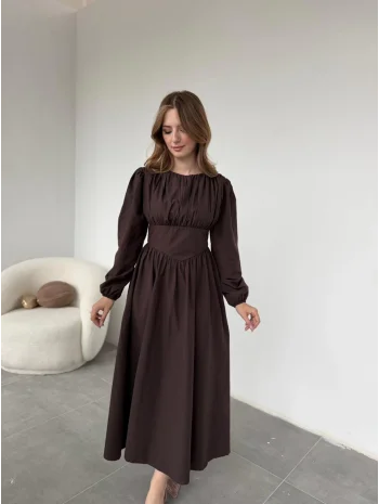 Drapeli Korsaj Detaylı Kahve Elbise