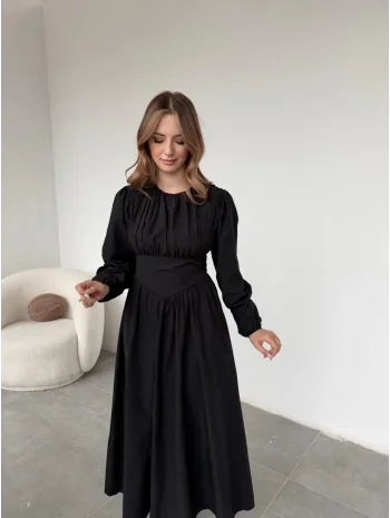 Drapeli Korsaj Detaylı Siyah Elbise