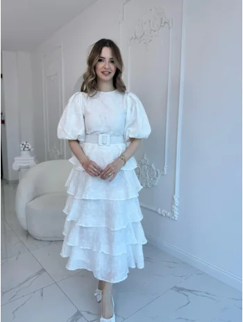 Ekru Kat Kat Balon Kollu Kemerli Elbise