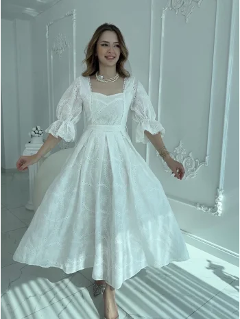 Ekru Kolu Lastikli Brode Prenses Elbise