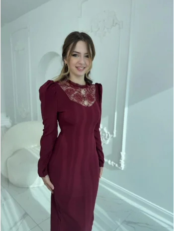 Feminen Dantel Detaylı Uzun Kollu Bordo Elbise