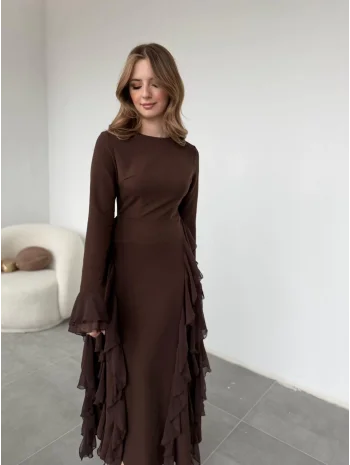 Fırfır Detay Kahve Elbise