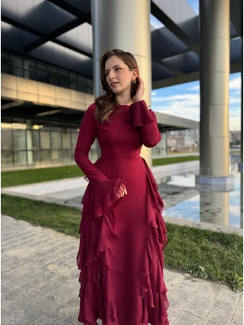 Fırfır Detay Bordo Elbise