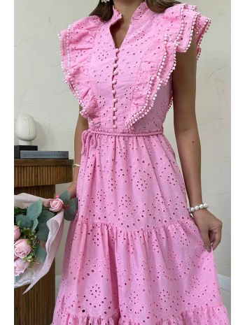 Fisto Kumaş Pembe Kemer Detaylı Elbise