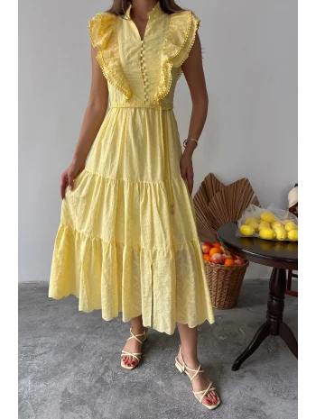 Fisto Kumaş Sarı Kemer Detaylı Elbise