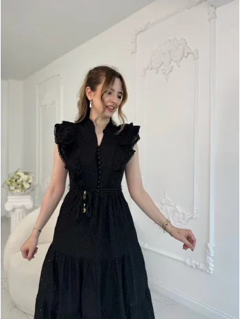 Fisto Kumaş Siyah Kemer Detaylı Elbise