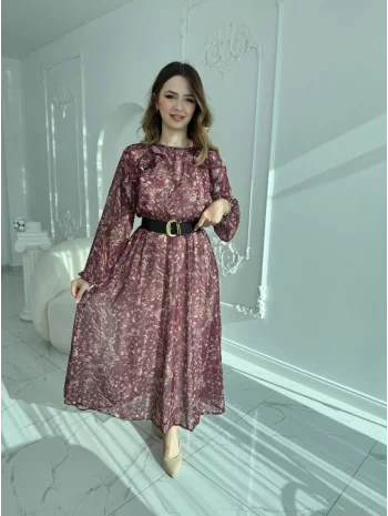 Floral Desenli Uzun Kollu Şifon Elbise