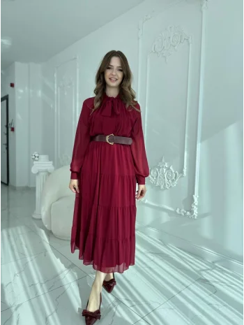 Fular Yaka Detaylı Kemerli Şifon Bordo Elbise