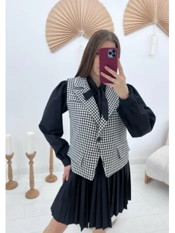 Fular Yaka Yelekli Takım - Siyah