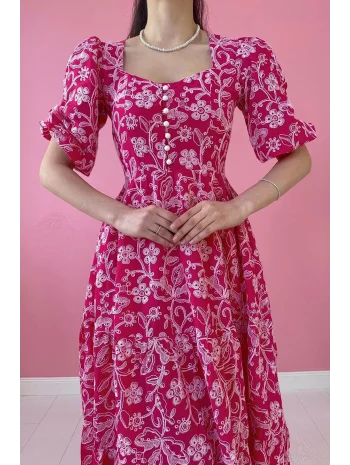 Fuşya Nakış İşlemeli Brode Elbise