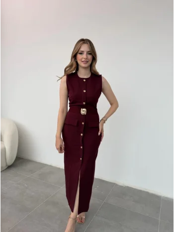 Gold Aksesuar Detaylı Zarif Kalem Bordo Elbise