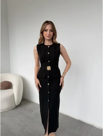 Gold Aksesuar Detaylı Zarif Kalem Siyah Elbise