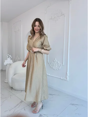 Gold Işıltılı Kemerli Kruvaze Elbise