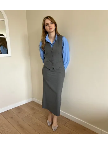 Gri Yelek Etek Takım
