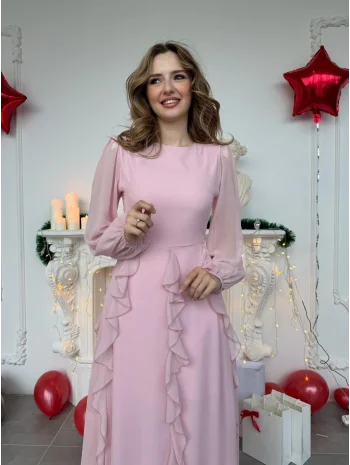 Hareketli Fırfır Etekli Şifon Maxi Pembe Elbise