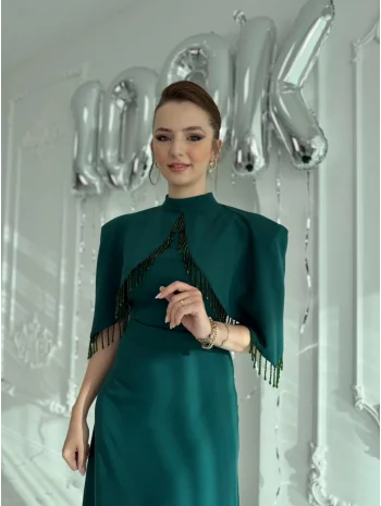 Helis Özel Tasarım Taş İşleme Detaylı Zümrüt Abiye Elbise