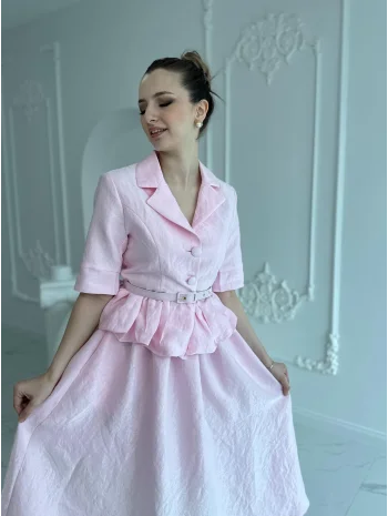 İnce Kemerli Fırfırlı Ceket ve Etek Pembe Takım