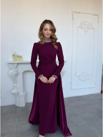 İnci Detaylı Pelerinli Uzun Mor Abiye Elbise
