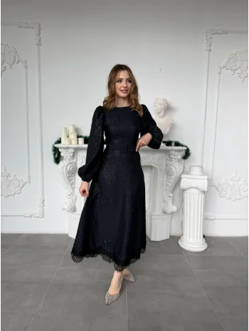 Işıltılı Özel Kumaş Kemerli Etek Ucu Dantelli Lacivert Elbise