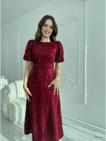 Işıltılı Vatkalı Pul Payet Bordo Elbise