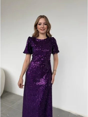 Işıltılı Vatkalı Pul Payet Mor Elbise