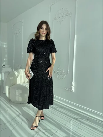 Işıltılı Vatkalı Pul Payet Siyah Elbise