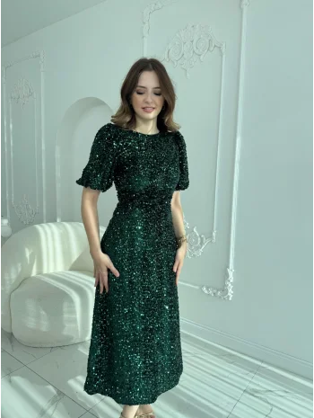Işıltılı Vatkalı Pul Payet Zümrüt Elbise