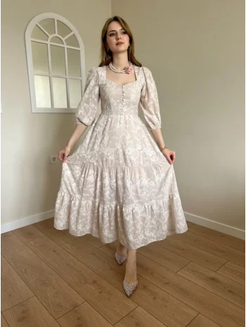 Bej Nakış İşlemeli Brode Elbise