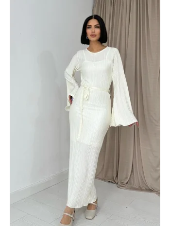 İspanyol Kol Tam Boy Piliseli Ekru Elbise