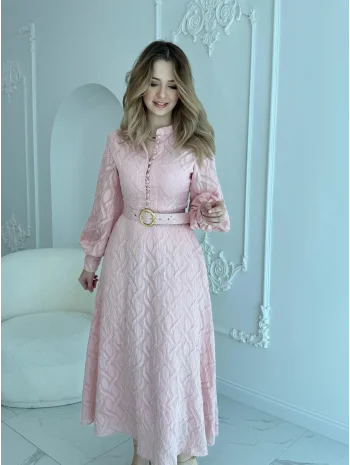 Jakarlı Kemer Detaylı Tam Boy Pembe Elbise