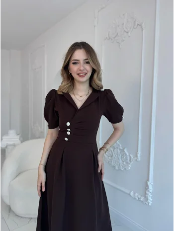 CEKET YAKA BALON KOL DÜĞME DETAY KAHVE ELBİSE