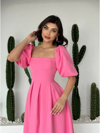 Kare Yaka Balon Kol Çan Etekli Pembe Elbise