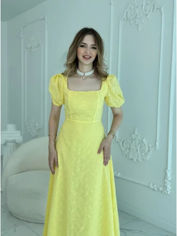 Kare Yaka Balon Kollu Fisto Sarı Elbise