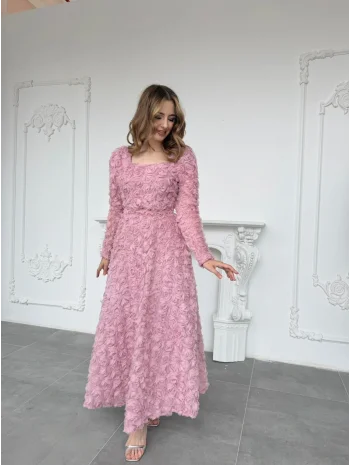 Kare Yaka Tam Boy Gül Dokulu Özel TasarımPembe Elbise
