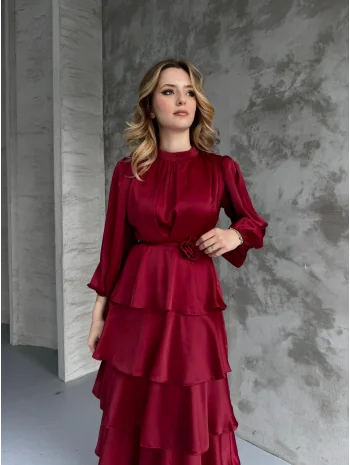 Kat Kat Bordo Gül Kemer Detaylı Saten Elbise