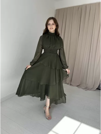 Kat Kat Şifon Haki Elbise