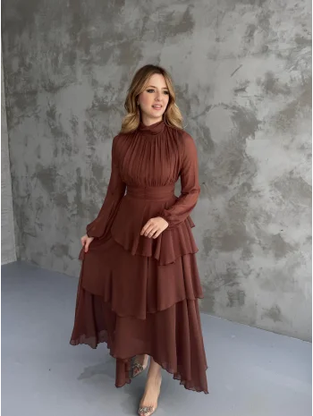 Kat Kat Şifon Kahve Elbise