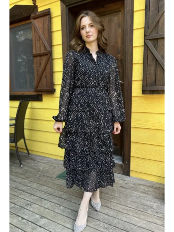 Kat Kat Siyah Beyaz Puantiyeli Şifon Elbise