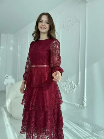 Kat Kat Volanlı Dantel Kumaş Bordo Elbise