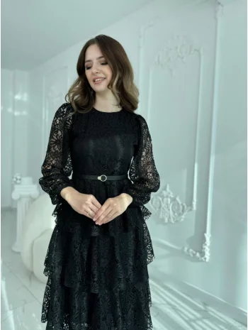 Kat Kat Volanlı Dantel Kumaş Siyah Elbise