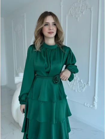Kat Kat Zümrüt Gül Kemer Detaylı Saten Elbise