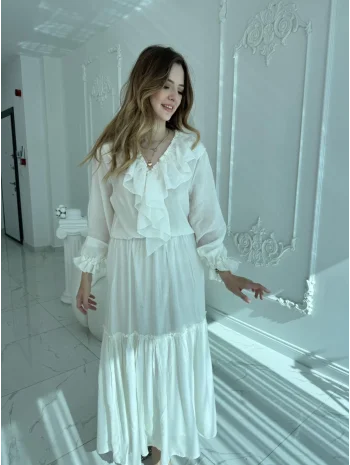 Katlı Fırfır Yaka Uzun Kollu Ekru Elbise