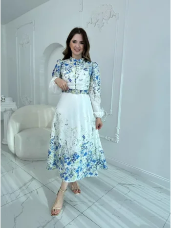 Kemer Detaylı Çiçek Desenli Keten Mavi Elbise