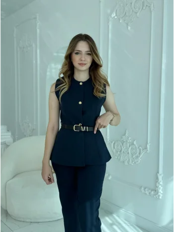 Kemer Detaylı Lacivert Yelek Pantolon Takım