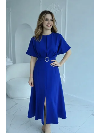 Kemer Detaylı Yırtmaçlı Pliseli Maxi Boy Saks Mavi Elbise