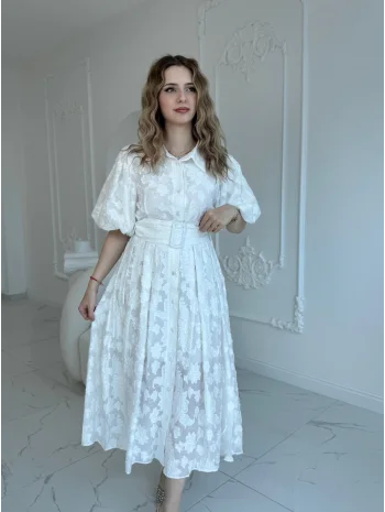 Kemerli Balon Kol Jakarlı Ekru Elbise