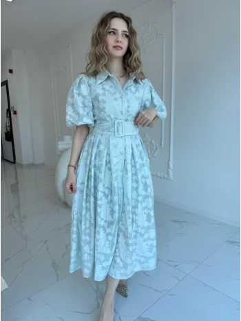 Kemerli Balon Kol Jakarlı Mint Elbise