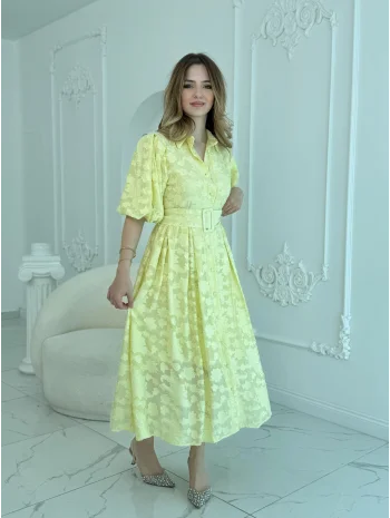 Kemerli Balon Kol Jakarlı Sarı Elbise