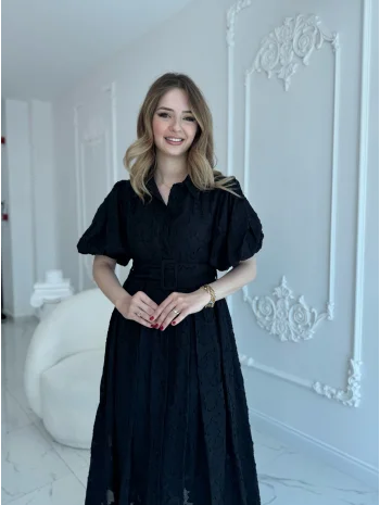 Kemerli Balon Kol Jakarlı Siyah Elbise