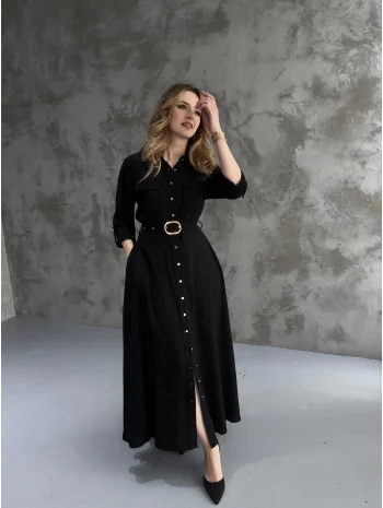 Kemerli Tam Boy Siyah Kemer Detaylı Elbise